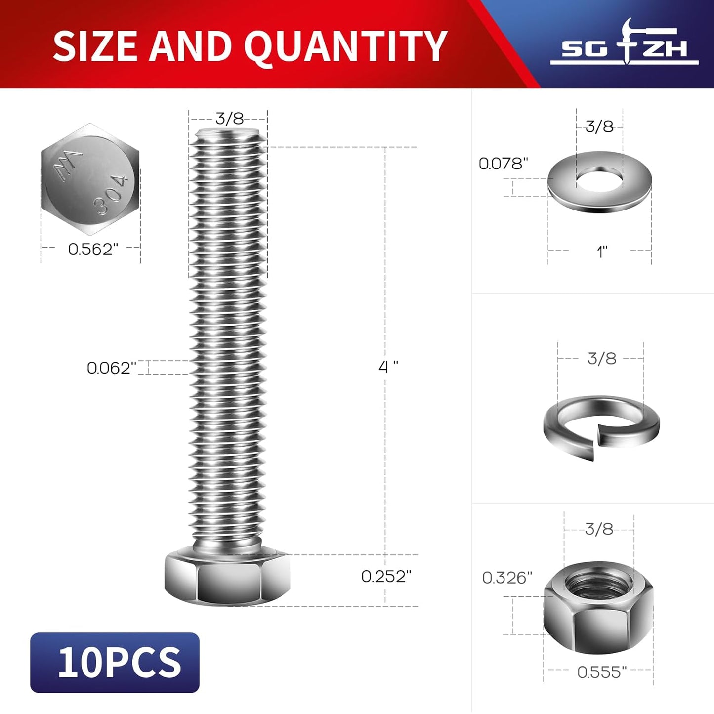 3/8-16 x 4" Hex Head Screw Bolt, Nuts, Flat & Lock Washers, 10Pcs 18-8 (304) Stainless Steel, Fully Threaded, by SG TZH
