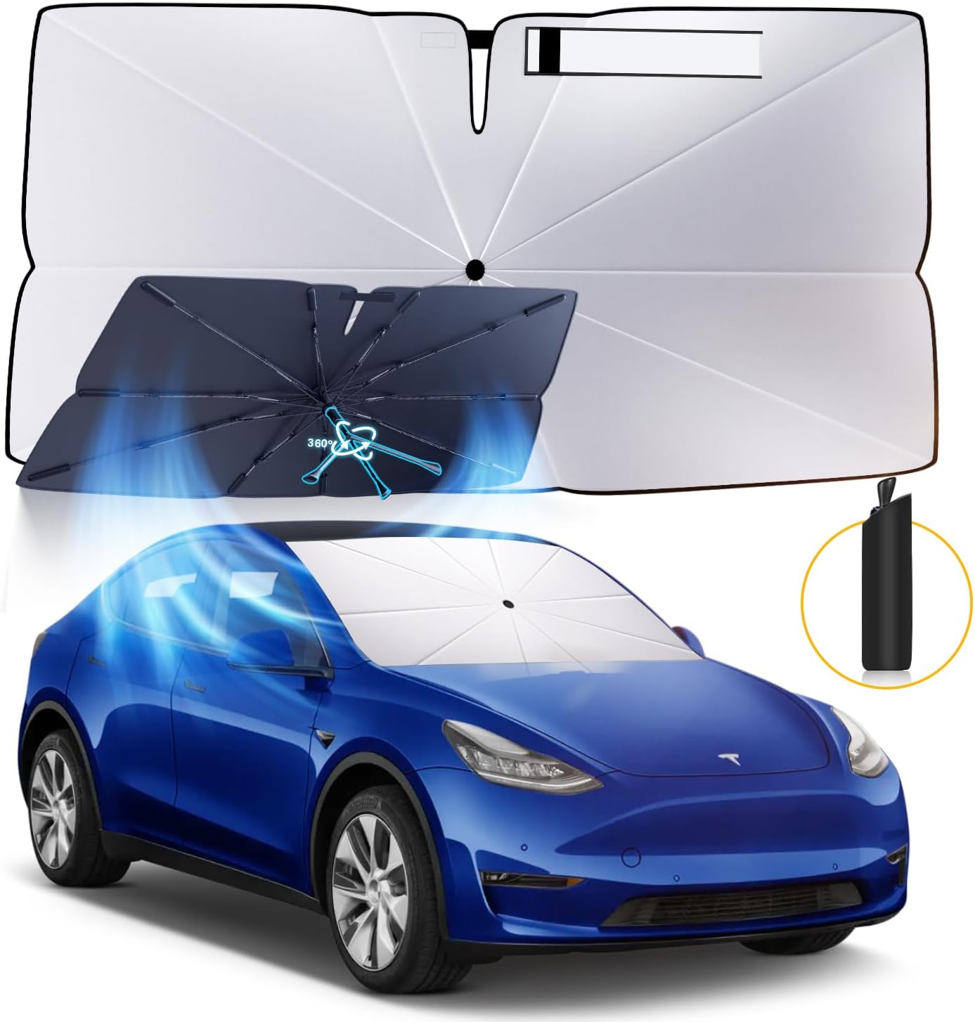 Windshield Sun Shade Umbrella: for Tesla Model Y 2016-2023 2024 2025 Model Y Juniper - Front Car Window Shades - Foldable Tesla-ModelY Sunshades Block UV Keep Cool