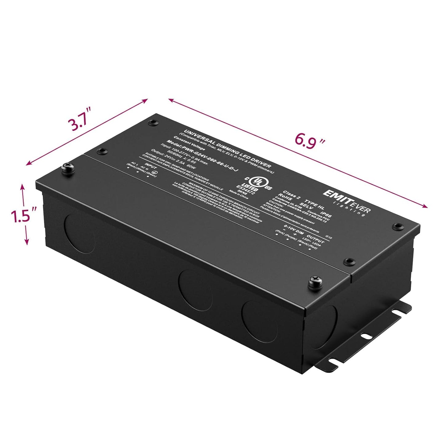 EMITEVER 60W Dimmable LED Driver, 24V Triac Dimmable Power Supply, AC to DC Transformer for LED Light, Compatible with Lutron and Leviton Dimmer, Waterproof IP67 and UL Listed, Class 2