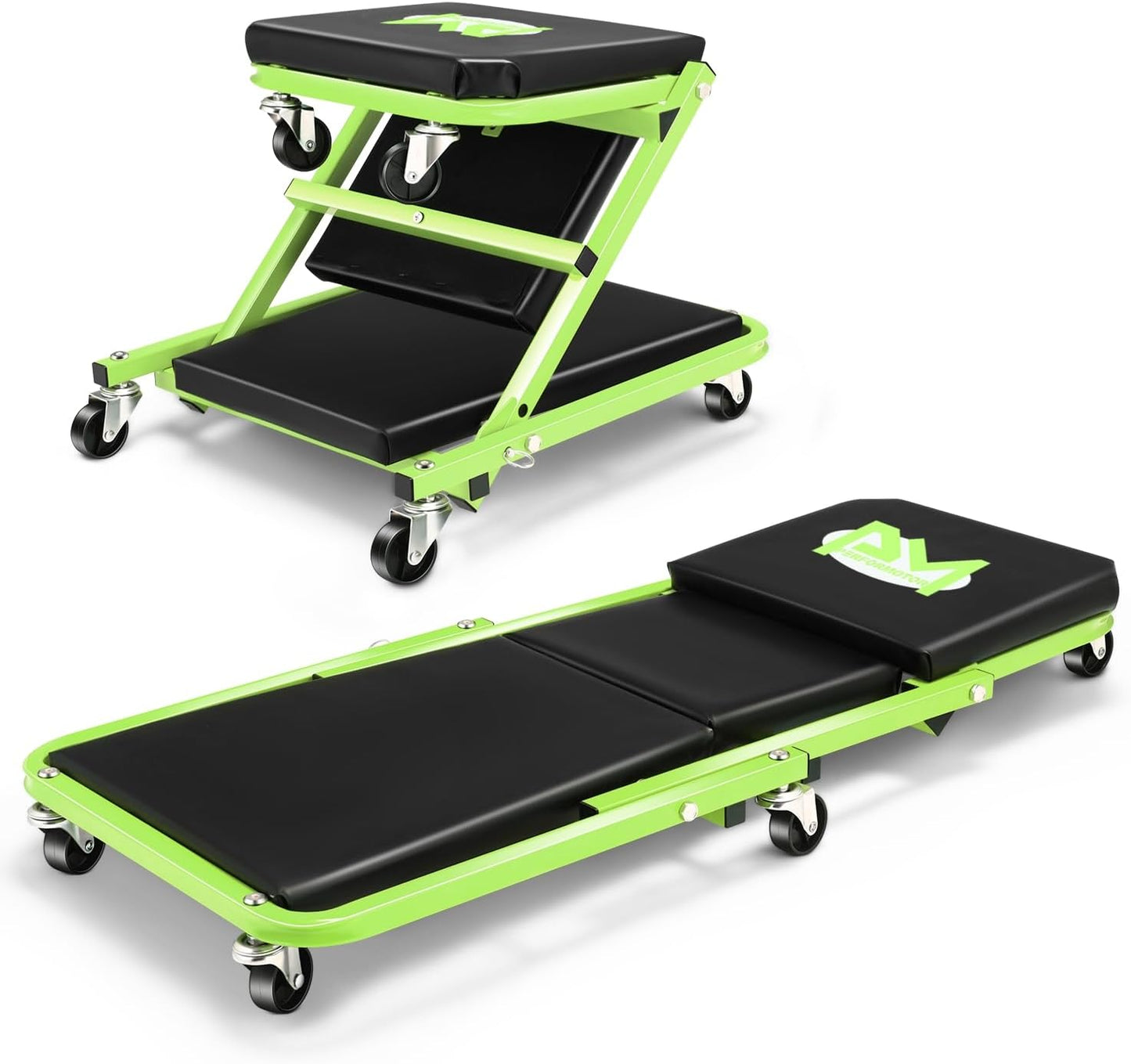 PM PERFORMOTOR 36 Inches Folding 2 in 1 Rolling Z Creeper, Adjustable Roller Garage Chair Lay Down or Sit, 6 Pcs 2" Casters, 150kg Weight Capacity, Green,PM-TOL-CPS36-GR