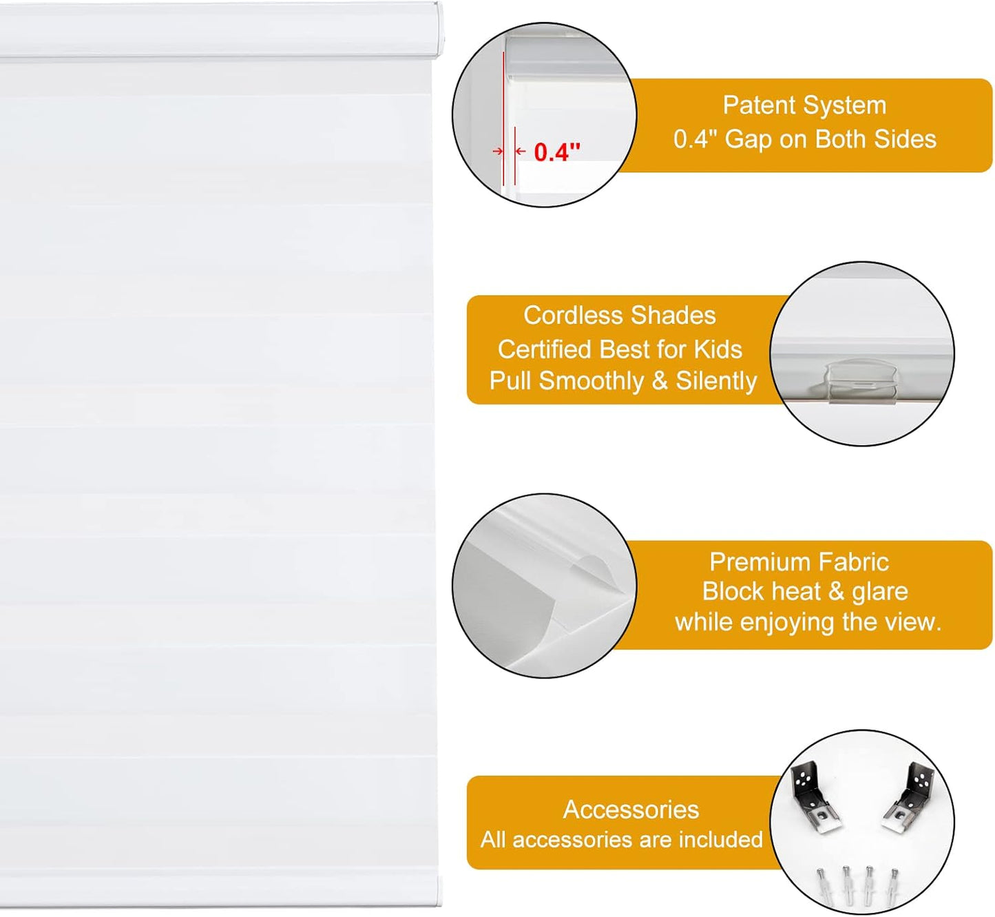 Persilux Cordless Zebra Blinds for Windows Free-Stop Window Blinds (30" W X 72" H, White) Dual Layer Light Control for Day and Night, Light Filtering Sheer Shades for Home, Bedroom, Easy to Install