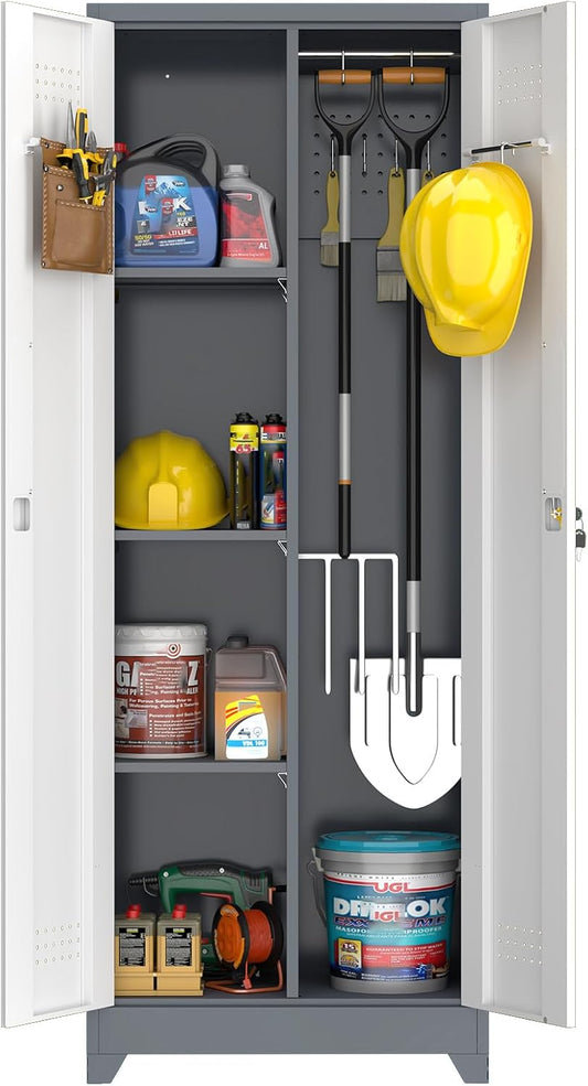 Metal Cabinets with Doors and Adjustable Shelves, 65" H Lockable Storage Cabinet, Grey-White Utility Cabinet for Brooms and Mops for Home,Kitchen,Garage