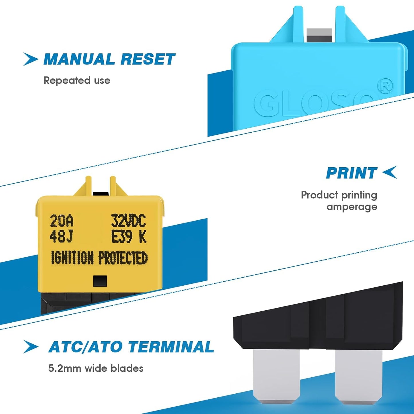GLOSO Circuit Breaker Blade Fuse E39 Manual (T3) Reset Low Profile ATC/ATO (3A - 1 Pack)