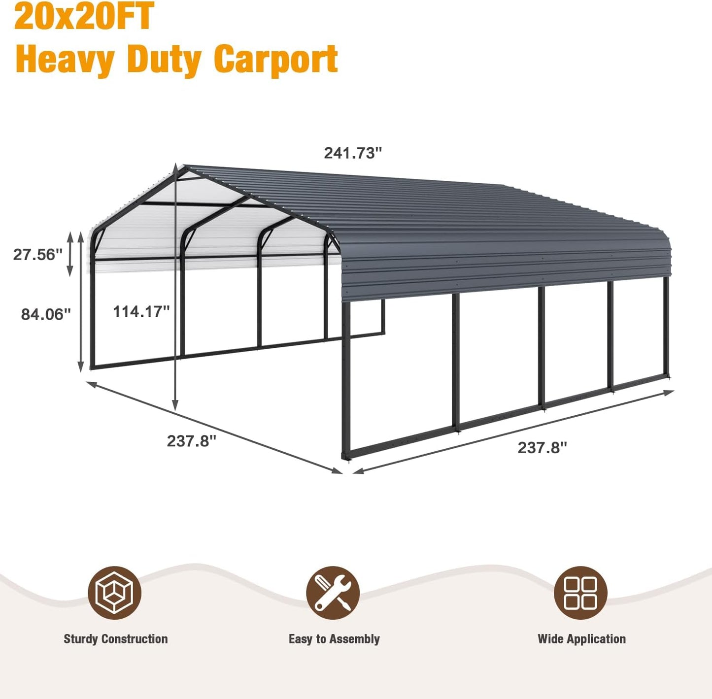 EBE 20' x 20' Outdoor Carport, Heavy Duty Metal Carports with Galvanized Steel Roof and Enhanced Base, Carport Canopy Car Shelter Shade for Cars, Ractor, Boat
