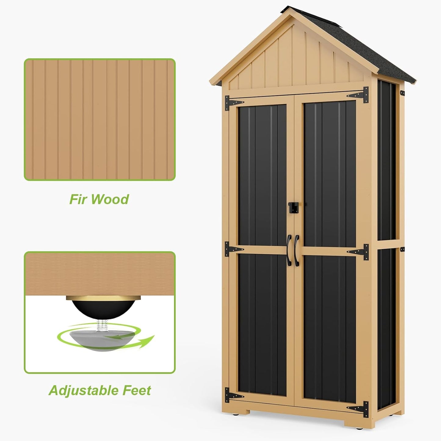 Outdoor Storage Cabinet with Shelf, Wood & Metal Storage Shed with Lockable Doors & Sloping Roof, Outdoor Cabinets Weatherproof for Patio Backyard, Garden Shed Tool Shed and Accessories, Brown