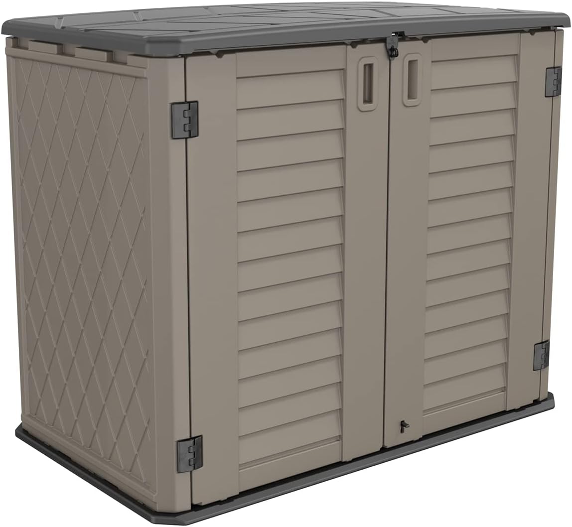HOMSPARK Storage Shed Weather Resistance, Multi-Purpose Outdoor Storage Cabinet for Backyards and Patios, Horizontal Storage Shed for Lawnmower, Patio Accessories (Coffee, Large - 26 cu.ft)