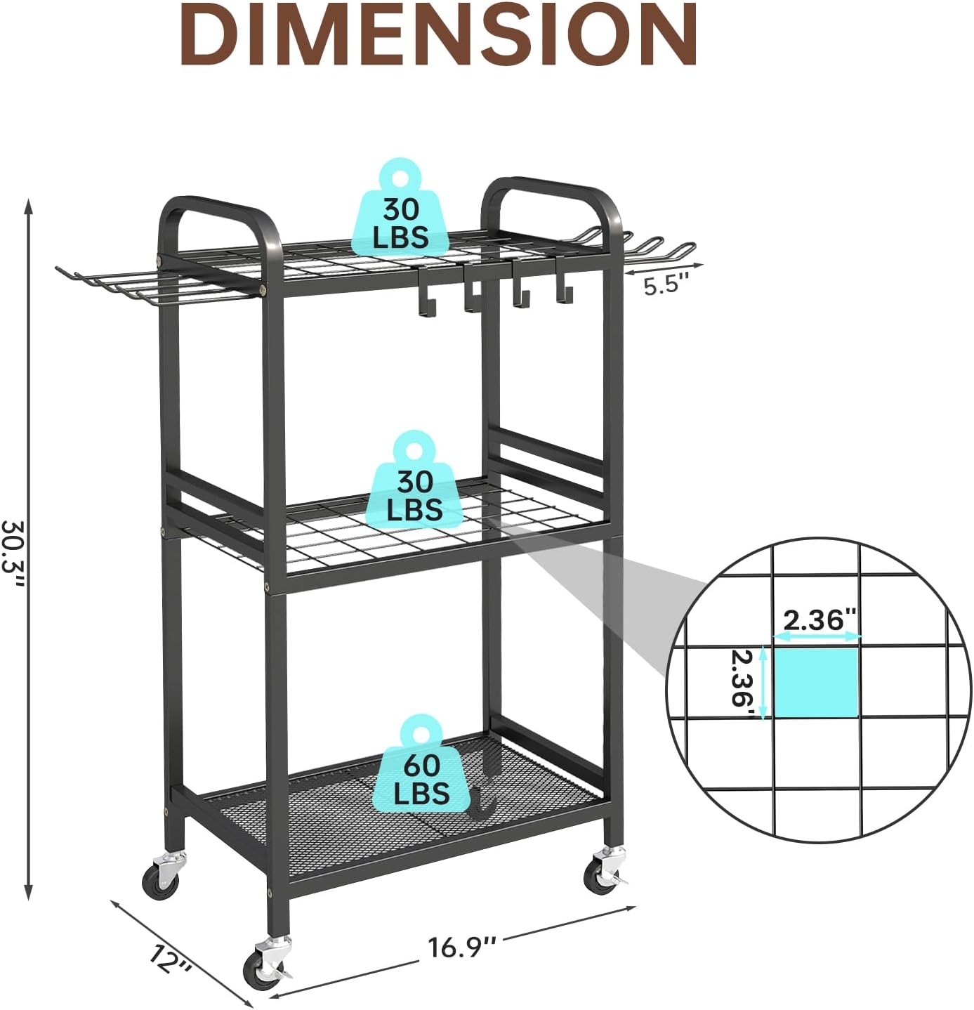 Hadulcet Garden Tool Organizer, Metal Garage Organization and Storage with Lockable Wheels, Garden Tool Rack with Storage Hooks, Heavy Duty Yard Tool Organizer for Garage, Shed, Lawn, Outdoor, Black