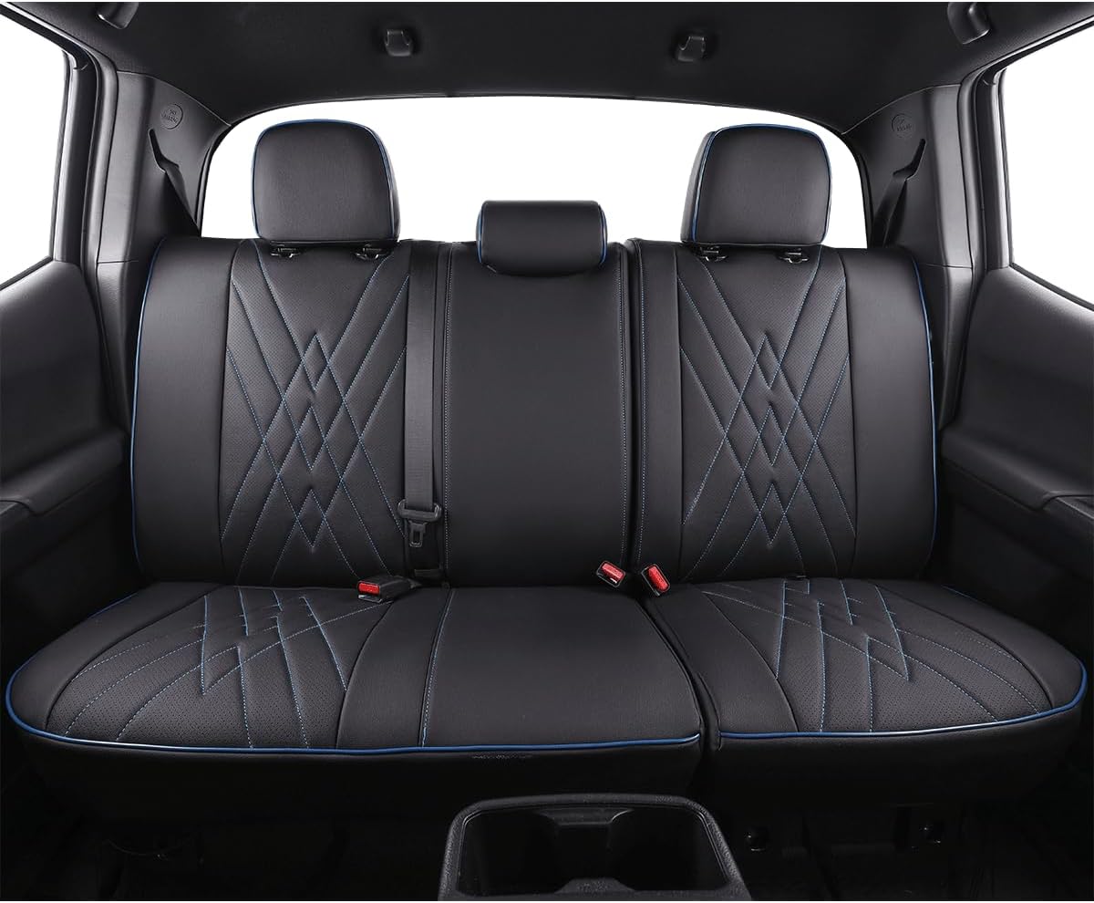 EKR Custom Fit Tacoma Rear Car Seat Covers for Select Toyota Tacoma 2016 2017 2018 2019 2020 2021 2022 2023 Access Cab - Second Row Only,Leather (Black with Blue Trim)