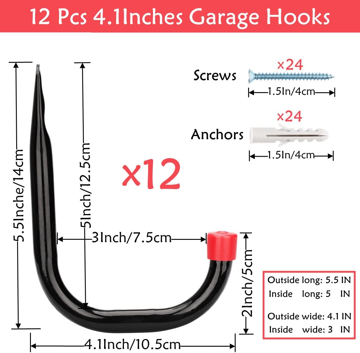 12 Pack Garage Storage J Hooks, 4.1Inches Heavy Duty Wall Mount Utility Hangers by Naikozmo Black and Red 5.6 x 4.1 x 0.5 inches