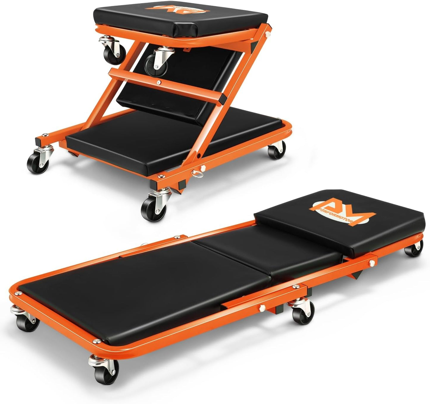 PM PERFORMOTOR 36 Inches Folding 2 in 1 Rolling Z Creeper, Adjustable Roller Garage Chair Lay Down or Sit, 6 Pcs 2" Casters, 150kg Weight Capacity, OrangePM-TOL-CPS36-OG