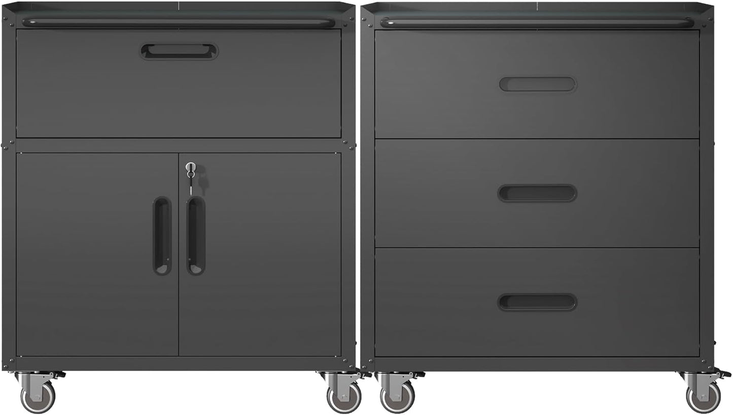 Metal Tool Cabinet,Garage Storage Cabinet System,Wall Cabinet & Locking Rolling Tool Cabinet with Doors and Adjustable Shelves,Steel Tool Cabinets for Home,Office (2 Pcs-StyleE, Black)