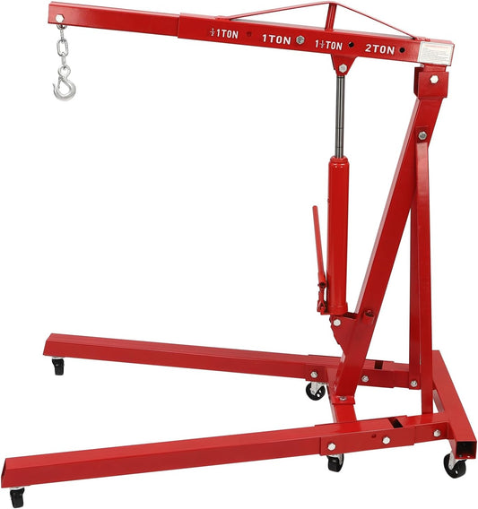 2 Ton(4409lbs) Folding Engine Hoist Heavy Duty Carbon Steel Hydraulic Shop Engine Crane Cherry Picker Shop Crane Hoist Lift with 6 Iron Caster Wheels for Car Fixing Workshop Garage (Red)