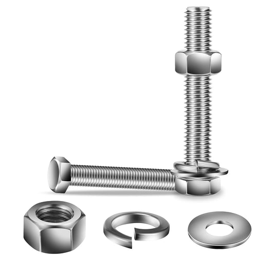 3/8-16 x 5" Hex Head Screw Bolt, Nuts, Flat & Lock Washers, 10Pcs 18-8 (304) Stainless Steel, Fully Threaded, by SG TZH