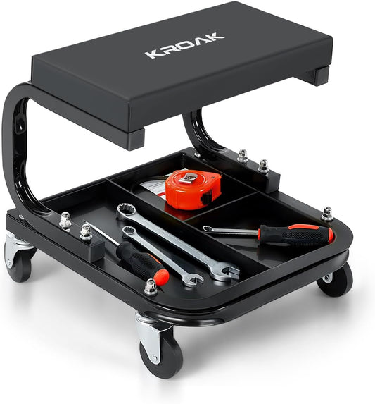 Rolling Creeper Garage/Shop Seat, 260LBS Capacity Padded Workshop Stool with Tool Tray Storage Mechanic Roller Seat for Shop, Garage, Auto Repair