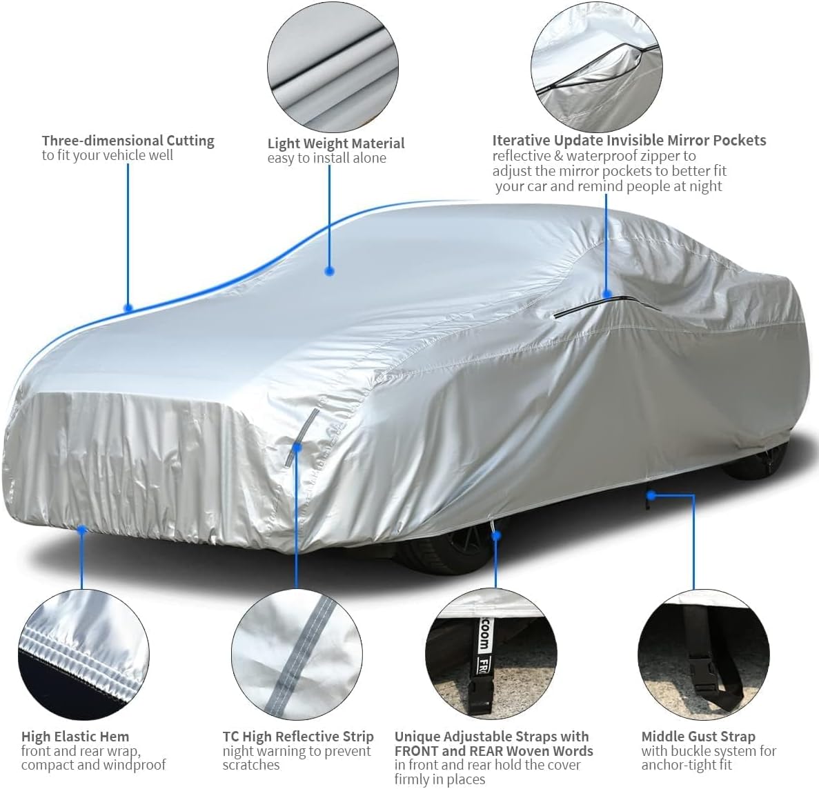 Tecoom Hard Shell Car Cover Waterproof UV-Proof Windproof for All Weather Indoor Outdoor Without Door Zipper & Mirror Pockets Fit 173-182 Inches Length Coupe/Convertible/Sport Car