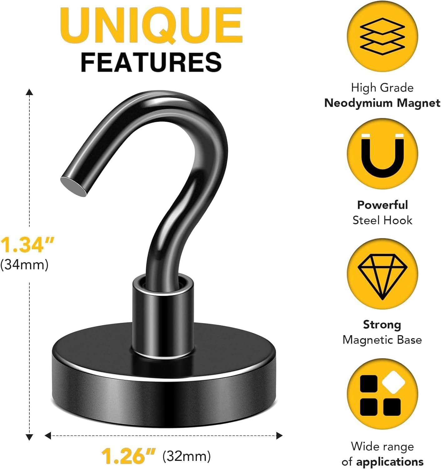 DIYMAG Black Magnetic Hooks, 118 LB Heavy Duty Strong Magnets with Hook, Rare Earth Neodymium Magnet for Cabins Cruise Ship Essentials 8 Packs