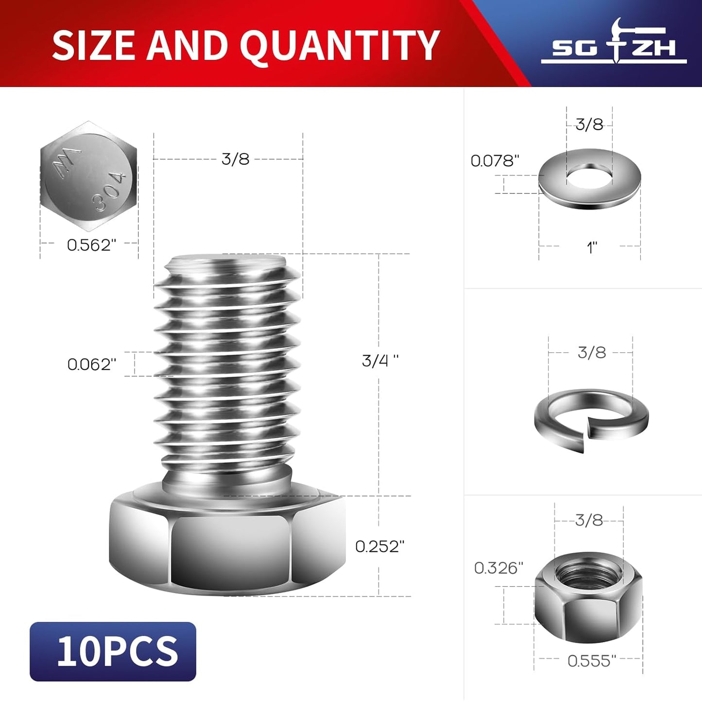 3/8-16 x 3/4" Hex Head Screw Bolt, Nuts, Flat & Lock Washers, 10Pcs 18-8 (304) Stainless Steel, Fully Threaded, by SG TZH