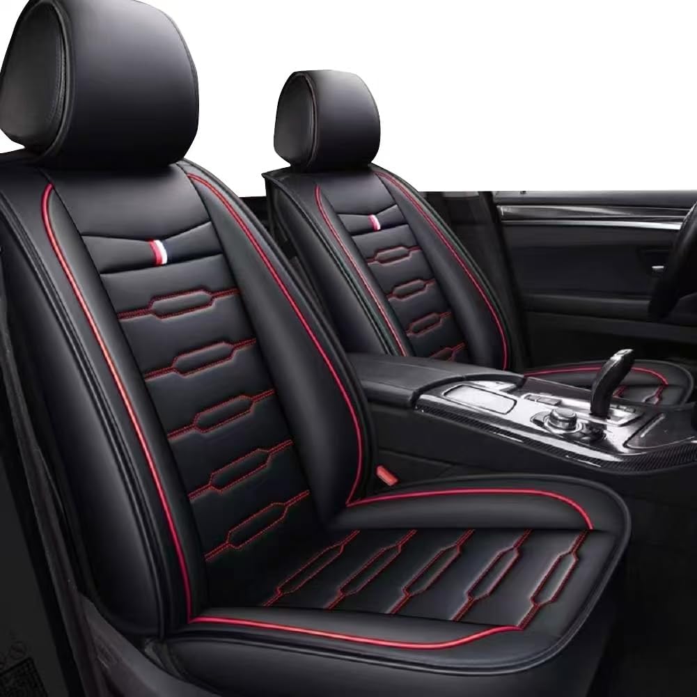 Seat Covers Full Set, Waterproof Leather Seat Covers for Cars, 5 Seats Universal Car Seat Protectors, Black Car Seat Covers Car Seat Cushions Fit for Most Cars (Black-red)