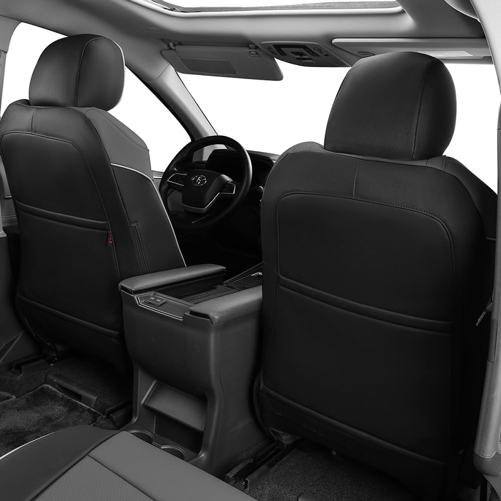 EKR Sienna Seat Covers for 2011-2020 Toyota Sienna L,LE,XLE,Limited,7 Seats,2nd Row Captain Seats W/NO Legrest,Waterproof Car Seat Cover Full Set,Car Seat Protectors- Three Row,Leather(Black/Gray)
