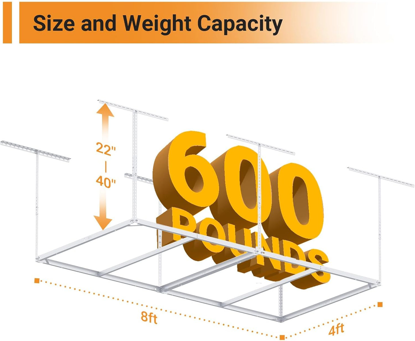 4x8ft Overhead Garage Storage Rack Wooden Decking Not Included, Heavy Duty Metal Rack, Adjustable Ceiling Dropdown, 600lbs Weight Capacity (White)
