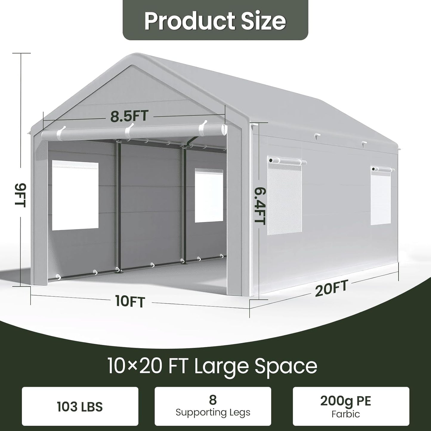 Carport 10x20 Ft, Heavy Duty Car Canopy with Reinforced Ground Bar, Portable Garage with Roll-up Windows and Removable Sidewalls, Galvanized Car Shelter, Large Outdoor Storage Shed (Grey)