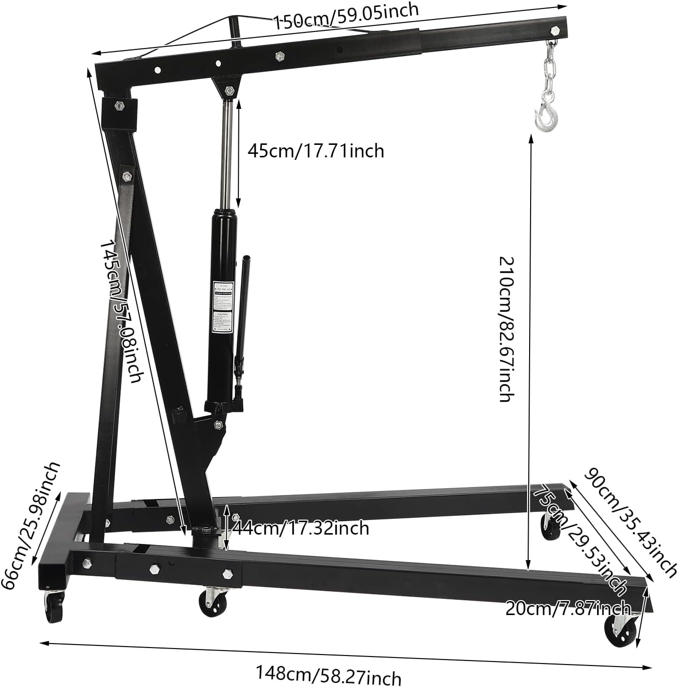 Folding Engine Crane 2 Ton Folding Engine Hoist 4400lbs Crane Hoist Lift with 6 Iron Caster Wheels for Garage, Workshop (Black)