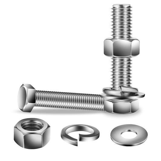 1/2-13 x 2-1/2" Hex Head Screw Bolt, Nuts, Flat & Lock Washers, 10Pcs 18-8 (304) Stainless Steel, Fully Threaded, by SG TZH