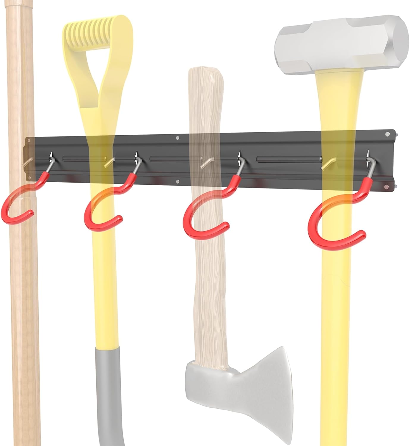 TORACK Metal Wall-Mounted Garden Tool Organizer for Garage, Mop and Broom Holder, Yard Tool Storage Rack for Rakes, Shovels, Mops, Brooms (4 Rails, 16 Hooks)