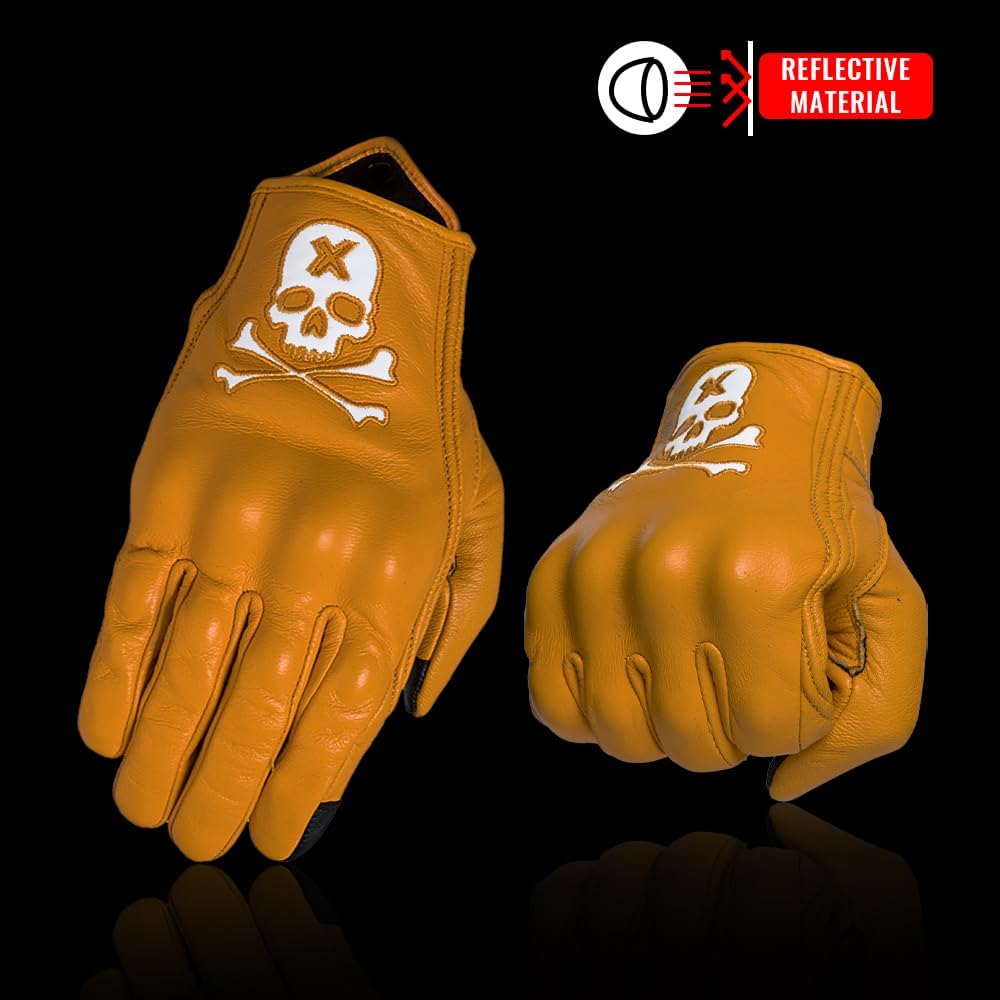 Goatskin Leather Motorcycle Motorbike Powersports Racing Gloves Reflective Skull Touchscreen for Men and Women Model