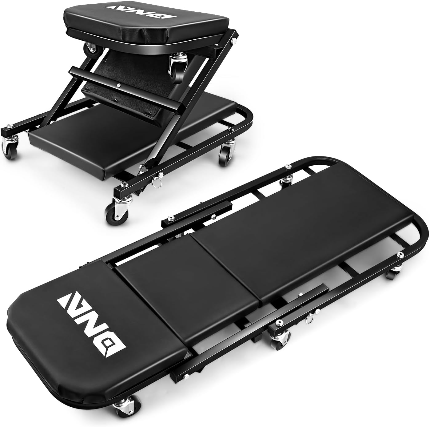 DNA MOTORING 40 Inches Folding 2 in 1 Rolling Z Creeper, Adjustable Roller Garage Chair Lay Down or Sit, 6 Pcs 2" Casters, 150kg Weight Capacity, Black, TOOLS-00494