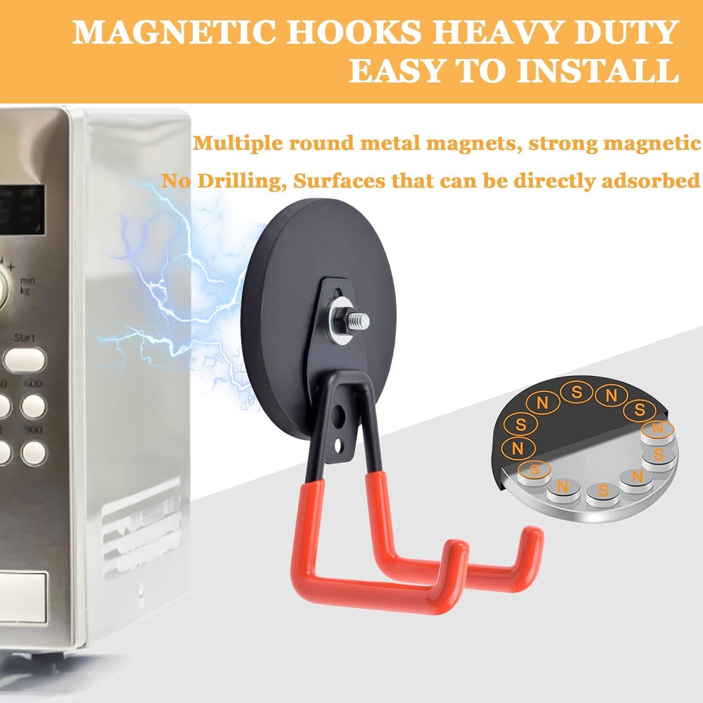 Magnetic Hooks Heavy Duty, 45 lbs Pulling 3.46" Strong Magnetic Hooks with Anti-Slip Coating, 2 Pcs Industrial Strength Utility Magnet Hooks, for Cordless Drills Hanging, Metal Cabinets, Tool Pegboard
