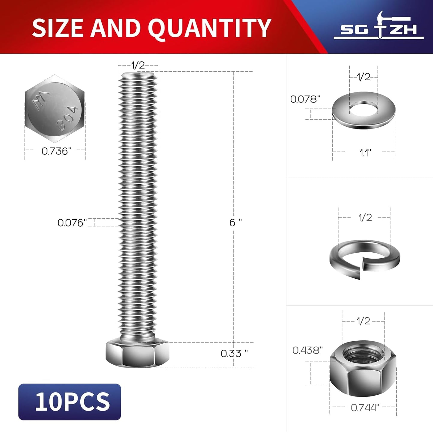1/2-13 x 6" Hex Head Screw Bolt, Nuts, Flat & Lock Washers, 10Pcs 18-8 (304) Stainless Steel, Fully Threaded, by SG TZH