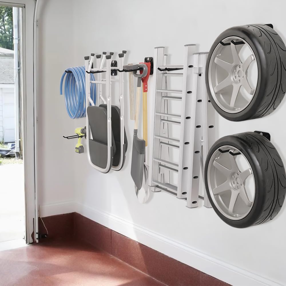 2PCS Heavy Duty Steel Hooks, Garage Hanger Storage Tool Organizer Rack, Wall Mount Utility Hooks to Hang Chairs, Ladders, Tires, Shovels, Strollers and More