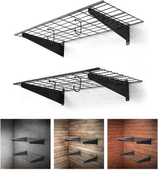 Fencer Wire 36 in. W x 18 in. D Wall Mounted Garage Wall Shelving w/ 2 Hooks, Black Wall Shelf, Heavy Duty Garage Wall Storage System, Garage Organizer Floating Shelves, 500lb Weight Capacity