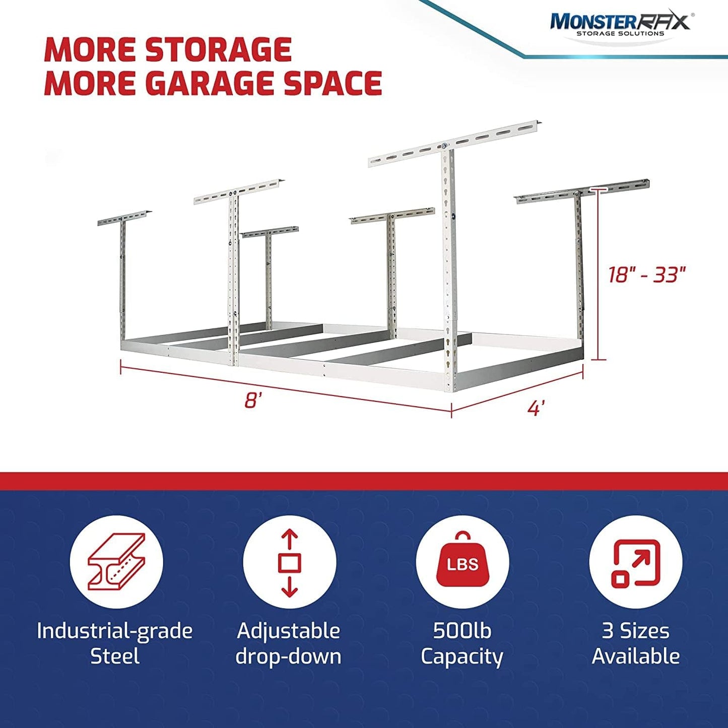 MonsterRax 4x8 Overhead Garage Storage Rack Frame Kit - Hanging Storage Shelves, Garage Ceiling Storage Rack System, Ceiling Shelving - (Hammertone, Adjustable 18"-33")