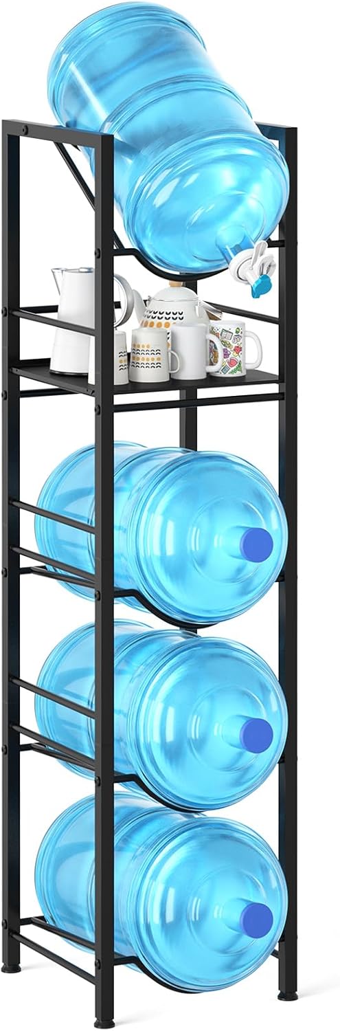 2-In-1 5 Gallon Water Jug Holder, 5 Tier Water Jug Stand Holder with 1 Dispenser Valves, 5 Gal Water Bottle Storage Rack Organizer for Kitchen, Office, Garage