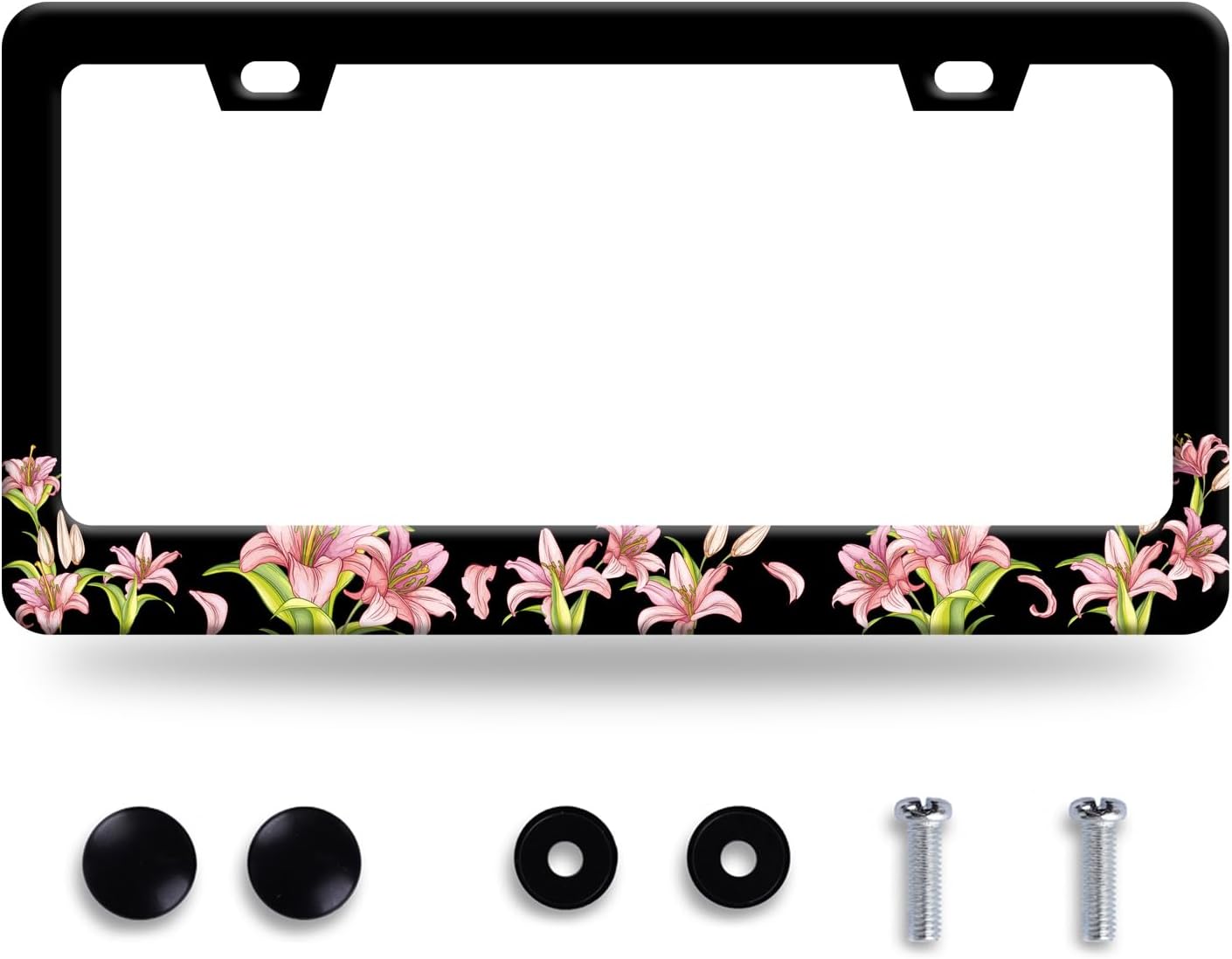 Pink Lily License Plate Frame Beautiful Floral Flower License Plate Stainless Steel Funny License Plate Decorative with Screws Size 12.3" x 6.3" Men Women