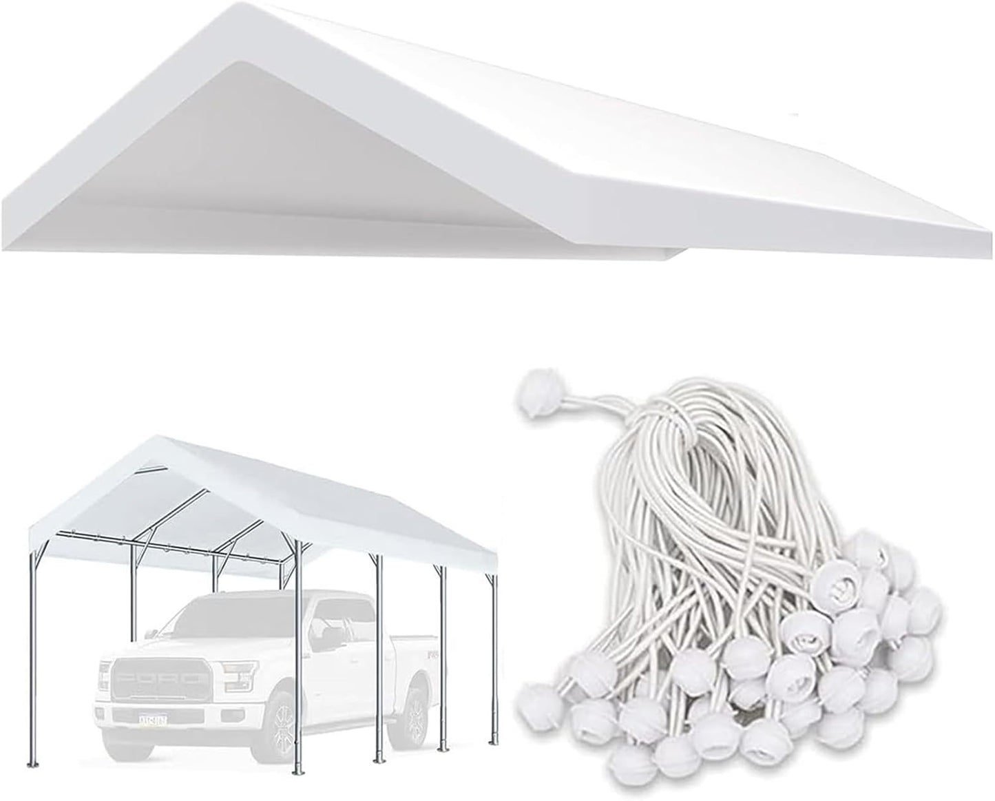 Carport Replacement Canopy Cover for 12 x 20 feet Car Tent Top Garage Shelter Cover Tarp with Ball Bungees (Only Top Cover, Frame Not Include (12 x 20', White)