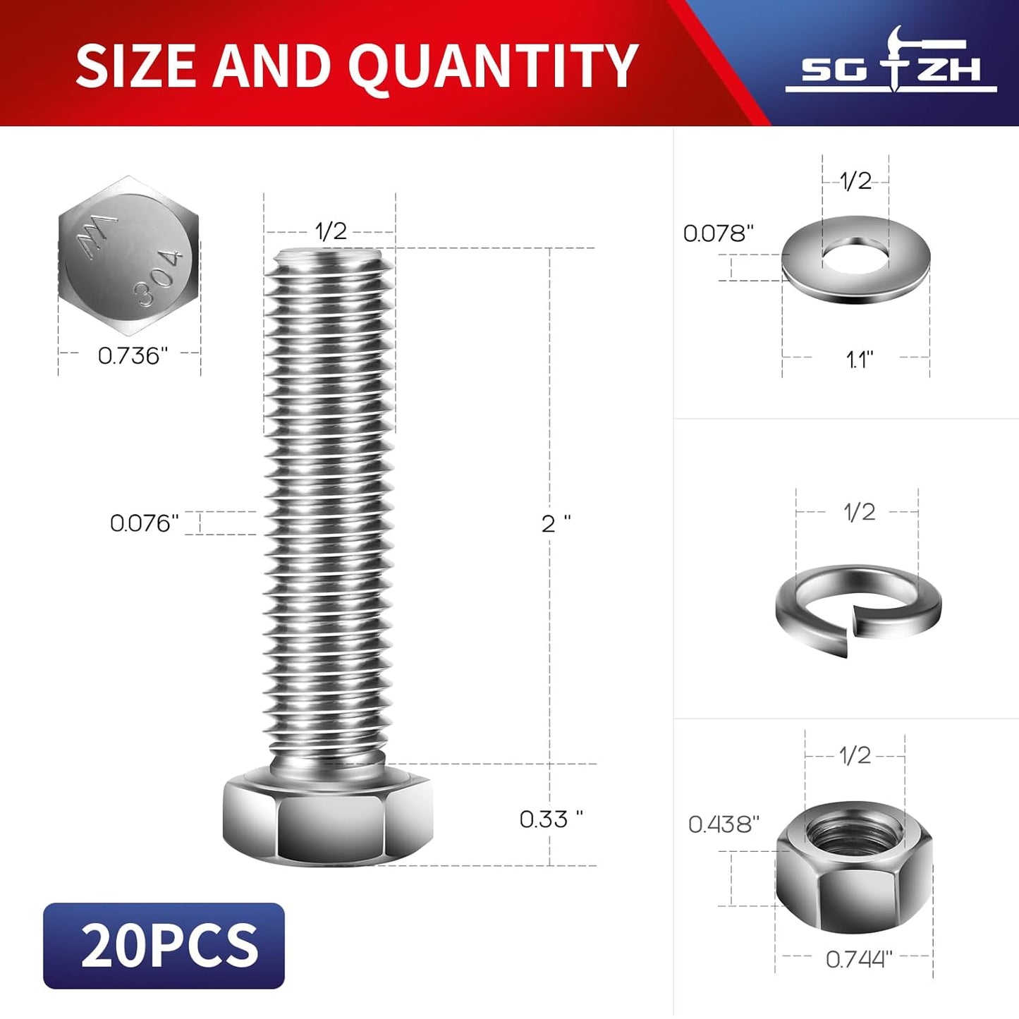 1/2-13 x 2" Hex Head Screw Bolt, Nuts, Flat & Lock Washers, 20Pcs 18-8 (304) Stainless Steel, Fully Threaded, by SG TZH
