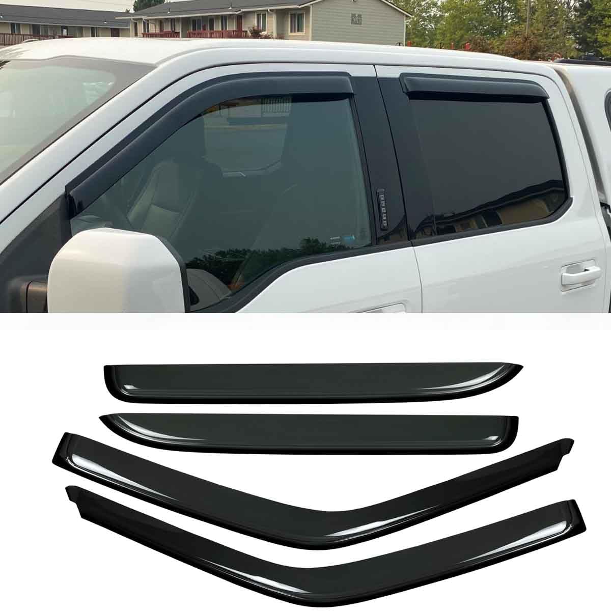 4pcs Outside Mount Style Window Rain Guards Durable Side Wind Deflectors Dark Smoke Vent Nice Window Visors fit for F-150 15-24 Supercrew Cab (Crew Cab) 17-19 F250/F350 Super Duty Supercrew