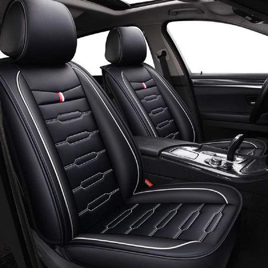 Seat Covers Full Set, Waterproof Leather Seat Covers for Cars, 5 Seats Universal Car Seat Protectors, Black Car Seat Covers Car Seat Cushions Fit for Most Cars (Black-White)