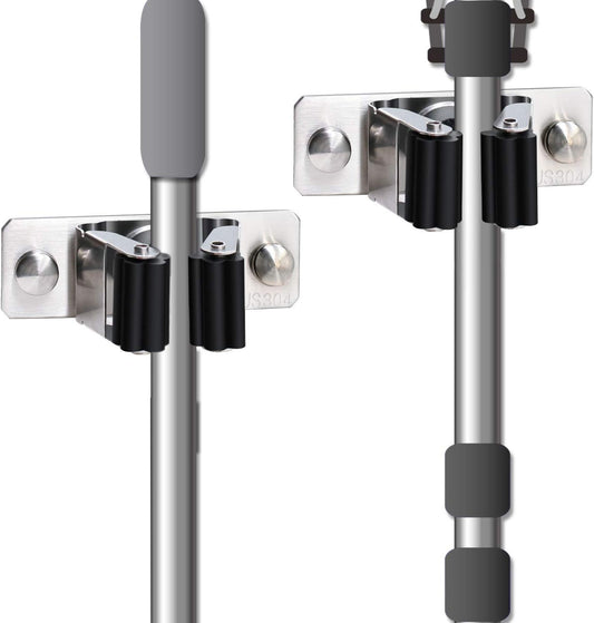 Mop and Broom Holder Wall Mount, 2PCS Heavy Duty Stainless Steel Broom Hanger Wall Mounted Broom Organizer Garage Organization Tool Organizer Storage for Laundry Room Home Garden Garage