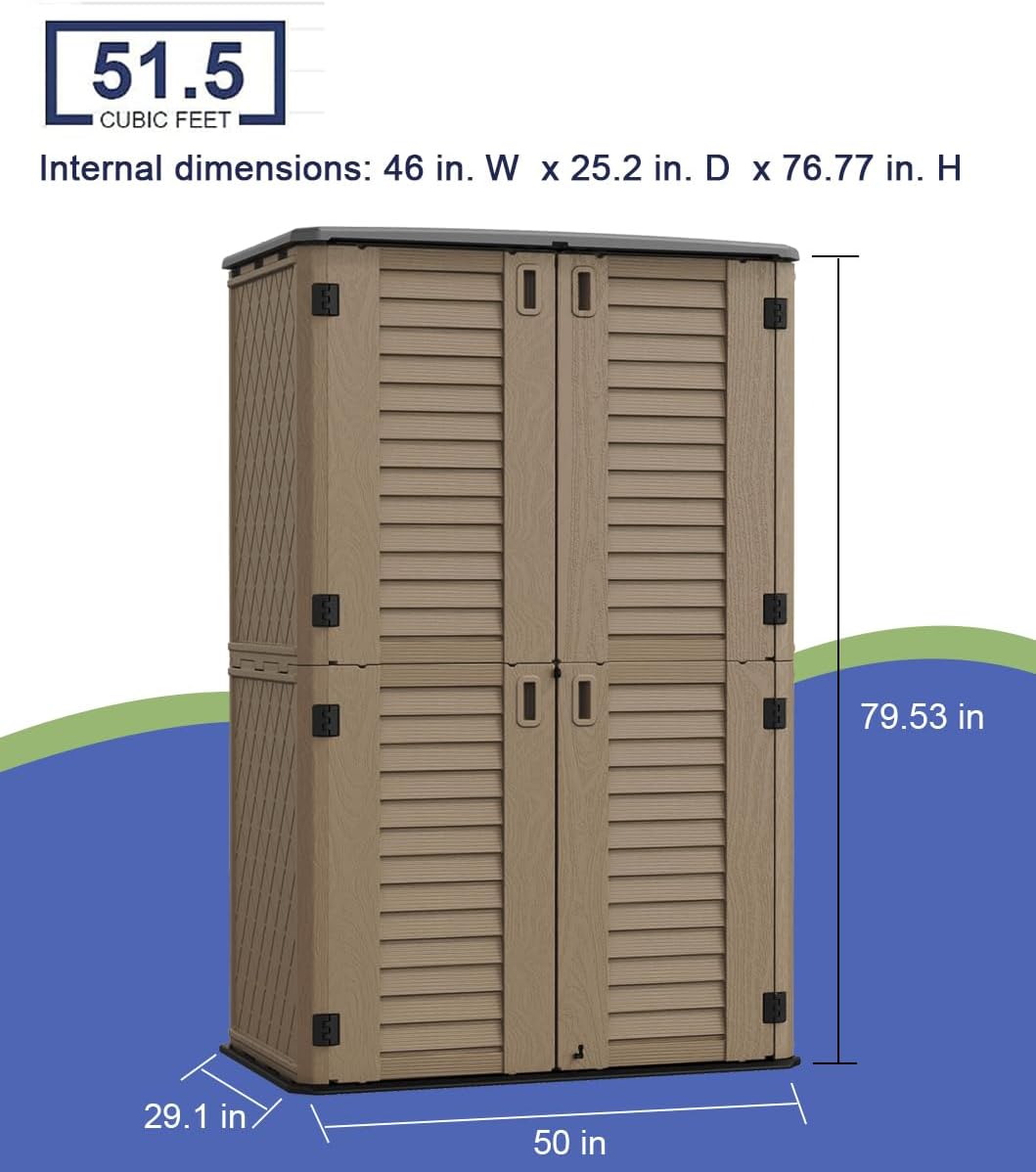 KINYING Sheds & Outdoor Storage, 66 cu.ft Vertical Outdoor Storage Cabinet, Resin Storage Sheds Outdoor with Floor for Garden Tools,Patio Furniture,Garbage Cans(Brown Color)