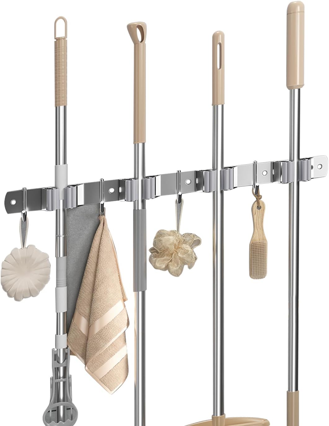 Broom Holder Wall Mount Organizer: Mop and Broom Holder Wall Mount Garage Wall Organizer, Stainless Steel Heavy Duty Garden Tool Organizer Storage Rack for Home Kitchen Garden Laundry, 4 Racks 4 Hooks