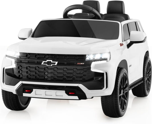 Costzon Ride on Car, 12V Licensed Chevrolet Tahoe Battery Powered Electric Vehicle w/ 2.4G Remote Control, High/Low Speed, Music, Lights, MP3/USB/FM, Spring Suspension, Electric SUV for Kids (White)