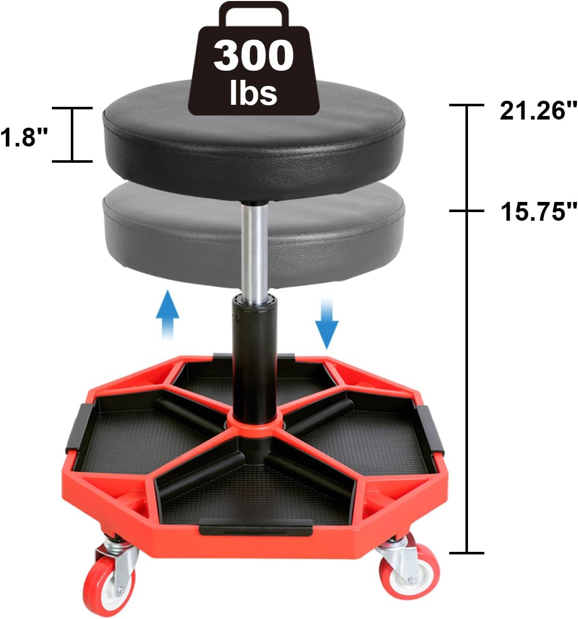 Torin ATRXF8308B Pneumatic Mechanic Stool/Rolling Shop Creeper Seat with Adjustable Height and 4 Removable Tool Trays, 300 lb Capacity, Black/Red