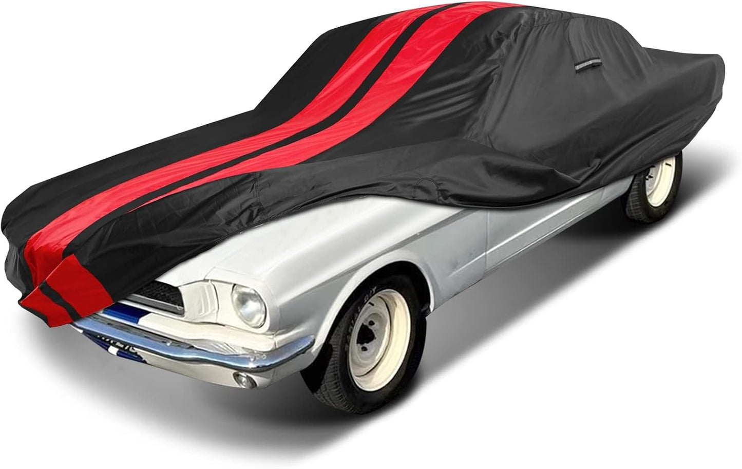 iCarCover Custom Car Cover Compatible with Mustang 1964-1968, Waterproof All Weather Rain Snow UV Sun Protector Full Exterior Indoor Outdoor Car Covers, Stripe (Black/Red)