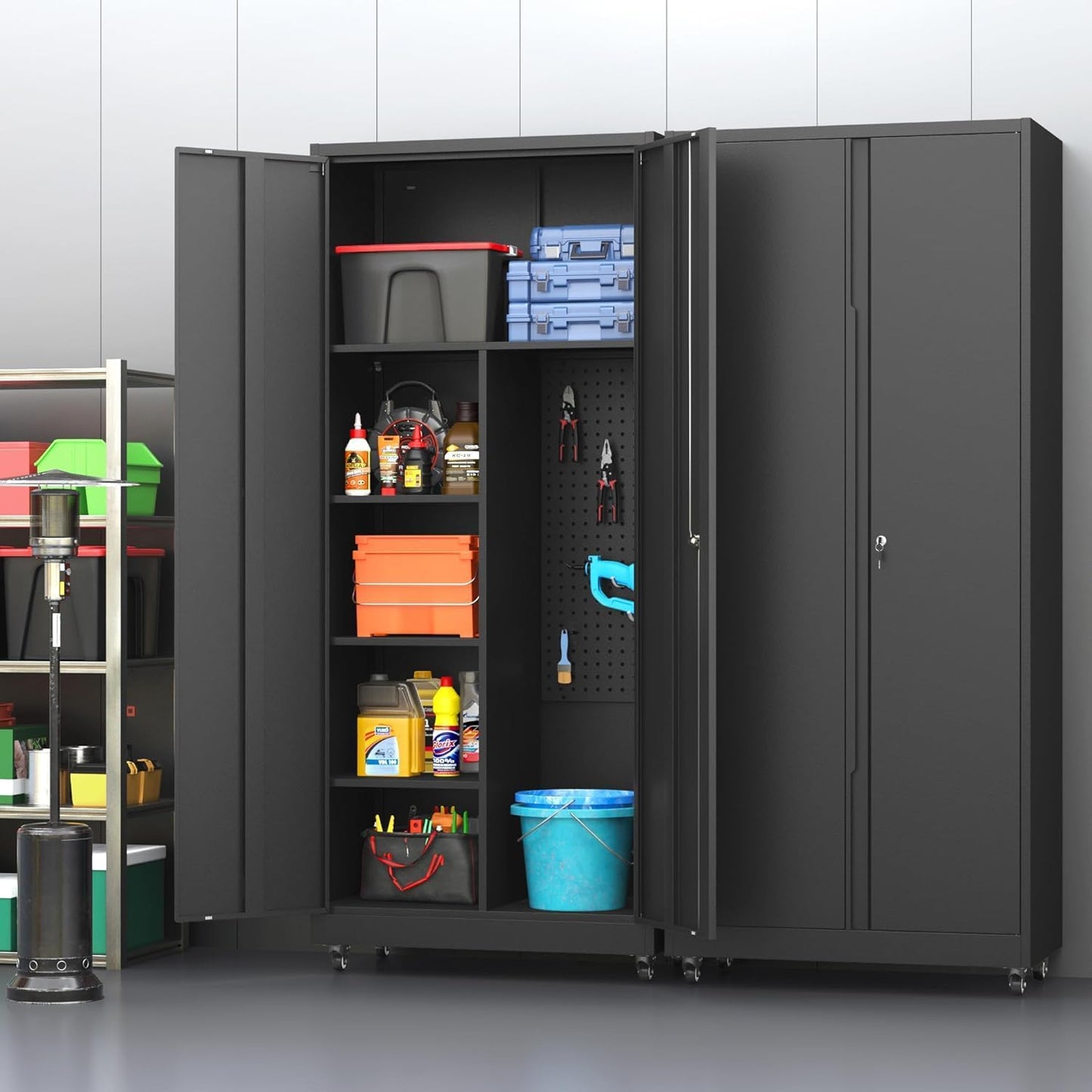 Metal Garage Storage Cabinet with 2 Doors, Adjustable Rolling Tool Storage Cabinet with Lock, 71" Steel Locking Tool Cabinet with Wheels and Shelves for Garage, Warehouse(Black, 71" H)