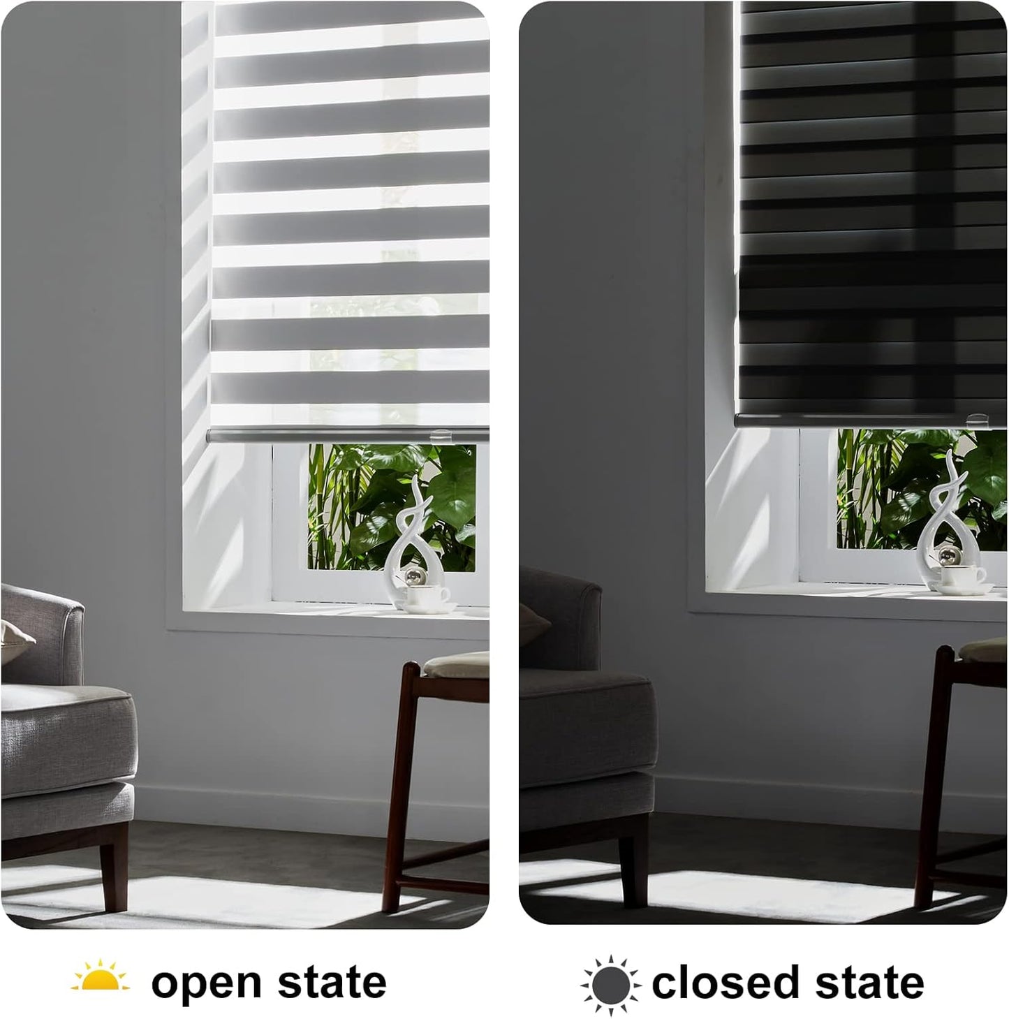 Persilux Cordless Zebra Blinds for Windows Free-Stop Roller Windows Shades (34" W X 64" H, Grey) Dual Layer Light Control for Day and Night, Light Filtering Sheer Shades for Home