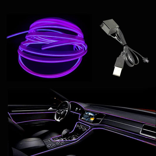El Wire Purple Interior Car LED Strip Lights, 3M Neon Wire USB 5V with Fuse Protection for Automotive Interior Decoration, with 6mm Sewing Edge